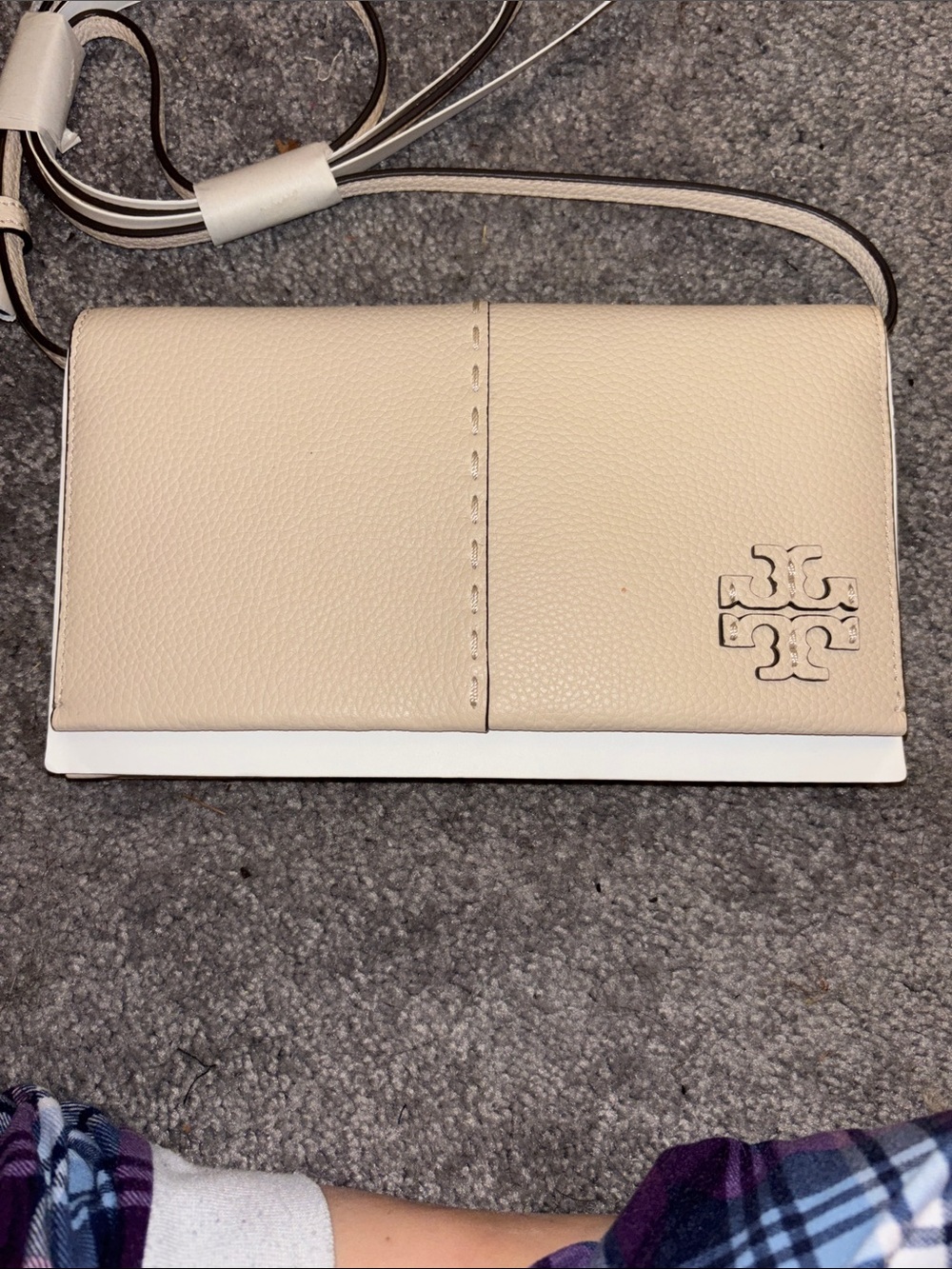 Tory Burch Beige Pebbled Leather Crossbody Wallet